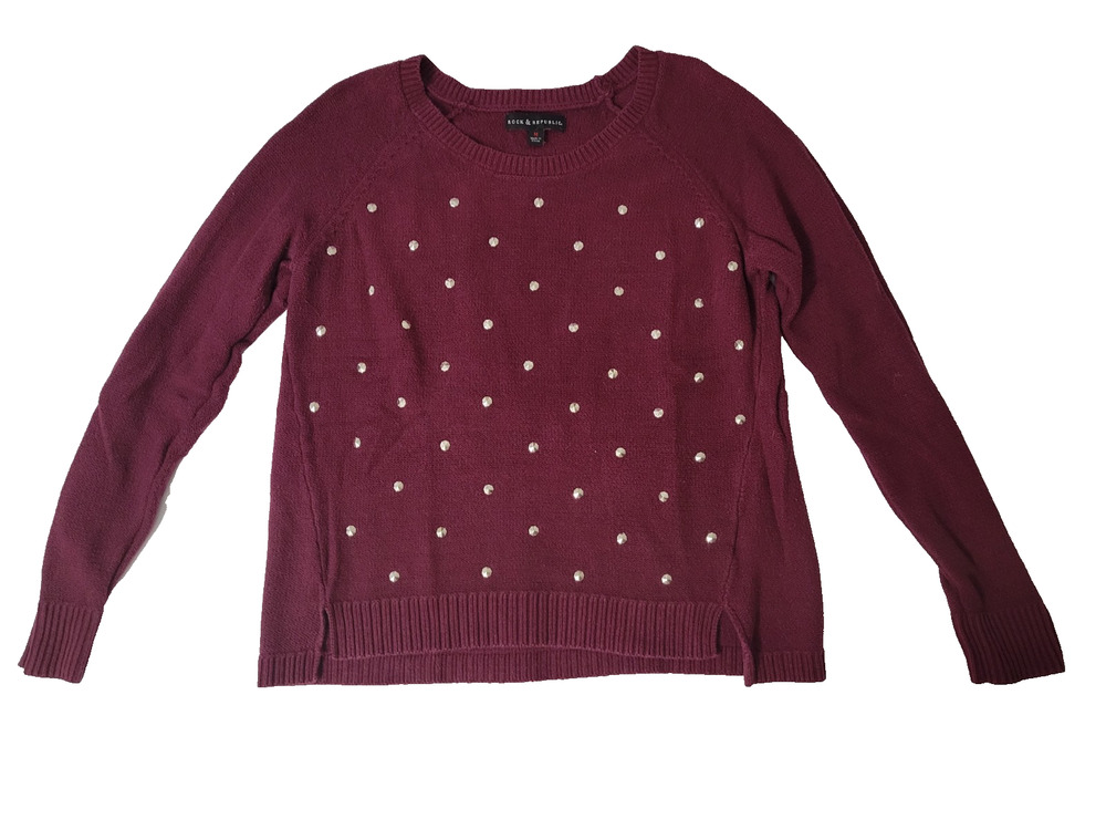 Rock & Republic Womens M Burgundy Metallic Studded Crew Neck Knit Sweater